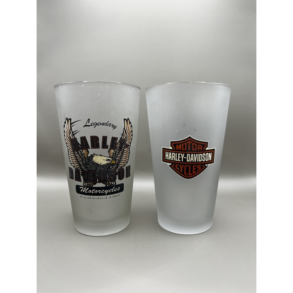 Harley Davidson 1903 Legendary Motorcycle Frosted Pint Glasses Set of 2 Eagle